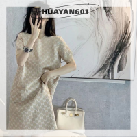 HUAYANG01 [2023แฟชั่นสุดฮอตใหม่] ชุดมินิเดรสพิมพ์ลายฤดูร้อนแขนสั้นชุดเดรสแบบถักสีชมพูหวานสง่างามเกาหลี