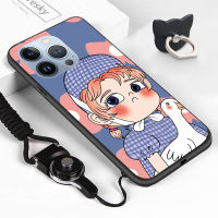 เคส Apple iPhone 15 Pro Max iPhone 15 iPhone 15 Pro (แหวนใส่นิ้ว + สายคล้อง) สาวน่ารักแสดงออกทางสีหน้าอย่างขบขันเคสโทรศัพท์ป้องกัน TPU ซิลิโคนกันกระแทกเคสฝาหลัง