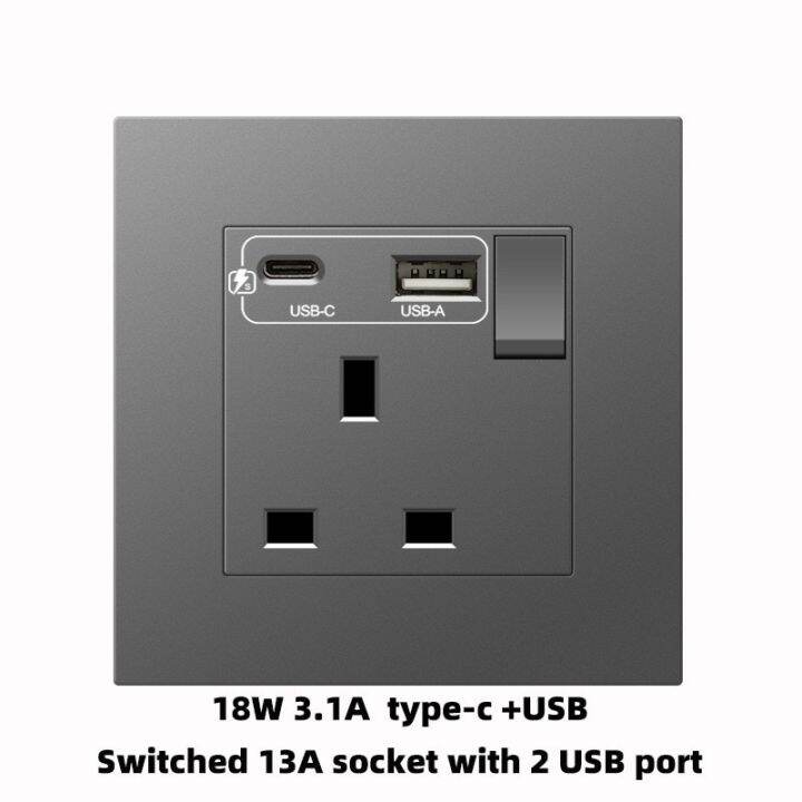 sakelar-listrik-dinding-ใหม่-grey-uk-13a-พร้อม-usb-เต้ารับ-c-18wtype-c-เต้าเสียบหัวชาร์จเร็ว220v-เต้าเสียบคู่5pin-สวิตช์-a