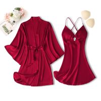 Robe Gown Sets Burgundy M-XXL Kimono Bathrobe Thin V-Neck Nightdress Sleepwear