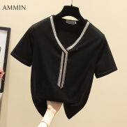 AMMIN Áo Thun Tay Ngắn Thiết Kế Cổ Chữ V Khâu Dây Xích Thời Trang Phong