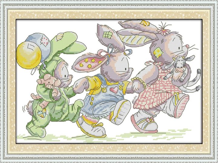 cc-the-lovely-rabbits-3-cross-stitch-kits-cartoon-14ct-11ct-embroidery-patterns-sewing-kit-handmade-needlework-decor-plus