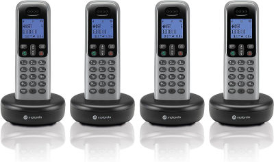 Motorola Voice T604 Cordless Phone System w/4 Digital Handsets, Speakerphone, and Call Block - Dark Grey Without Answering Machine 4 Handset