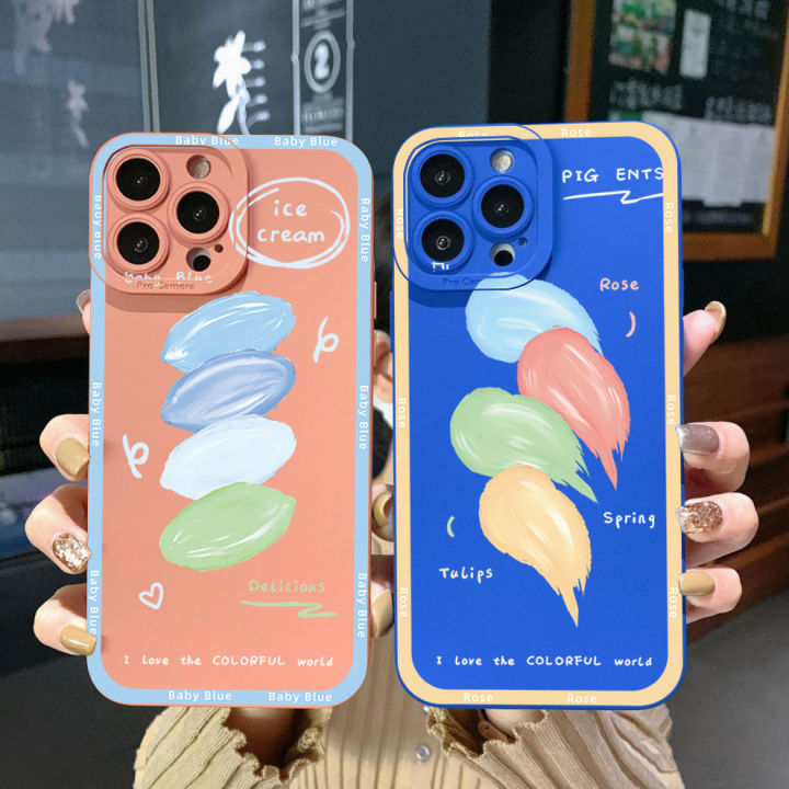 เคสโทรศัพท์ขอบสี่เหลี่ยมไอศกรีมการ์ตูน-iphone-14-plus-13-12-pro-max-11-xr-7-8-se-2020ฝาครอบป้องกันเต็มเลนส์