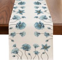 【LZ】ↂ  Spring Watercolor Blue Flowers Linen Table Runner Wedding Decoration Summer Kitchen Dining Table Runner for Home Party Decor