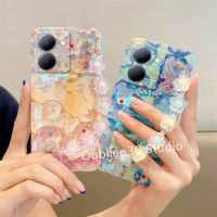 เคสโทรศัพท์ VIVO Y36 Y02T Y01 Y15A Y15s Y55 + Plus Y75 Y77 5G 4G เคส ใหม่นิ่มลายดอกไม้พลอยเทียมบลูเรย์วินเทจทันสมัยพร้อมสร้อยข้อมือคริสตัล Case 2023