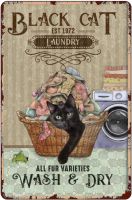 GEDSING Vintage Metal Tin Sign Black Cat Wash and Dry Laundry Metal Poster Black Cat Clothes Basket  Room Decor Laundry Sign