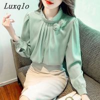 Luxqlo ฤดูใบไม้ร่วงแฟชั่นใหม่เสื้อผู้หญิงแขนยาวพับอารมณ์สไตล์เกาหลีเสื้อลำลองหลวมเลดี้ด้านบน