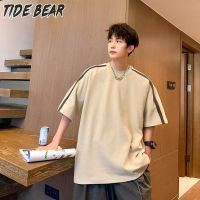 TIDE BEAR เสื้อยืดคอกลมวินเทจของผู้ชายเสื้อแขนสั้นฤดูร้อนแผงเสื้อสามส่วนทรงหลวมเสื้อลำลองแขนสั้น