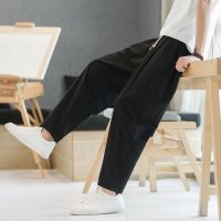 Hot sell 6 Colors M-5XL!Summer Mens Cotton Hemp Casual Pants Versatile  Loose Linen Straight Leg Pants Korean Fashion Crop Pants