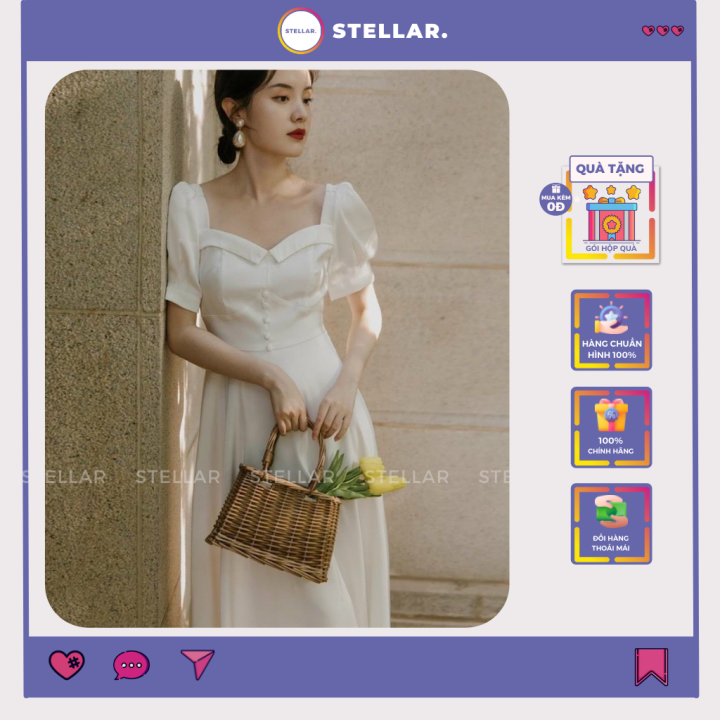 Đầm Maxi Trắng Cổ Vuông Tim Tay Ngắn Nút Bọc, Đầm Xòe Masi Dài Màu ...
