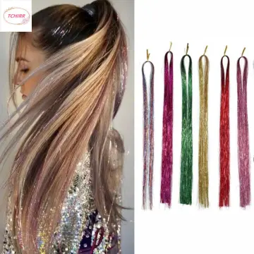 Glitter False Hair Tinsel Rainbow Silk Hair Extensions Braiding