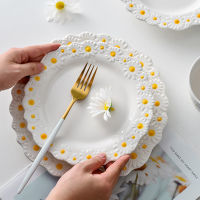 Ceramic Embossed Little Daisy Plate Dinner Household Dishes Rice Soup Bowl Meal Plate Bakeware Kitchen Tableware