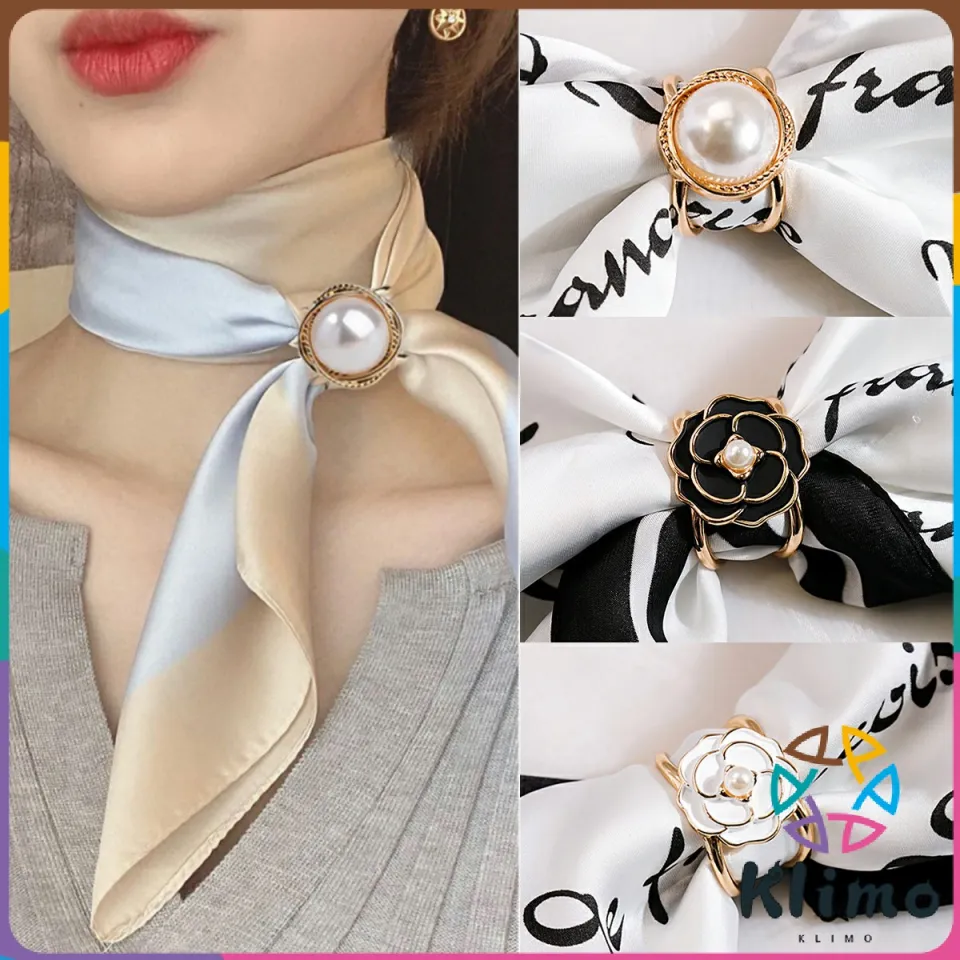 Women's Elegant Pearl Floral Scarf Ring Clip Large Camellia Buckle Fashion  Metal