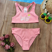 7-14 Years Girl Swimsuit Kids Letter Print Girl Bikini Set Sport Two Piece Childrens Swimwear Belt Girls Bathing Suit Beachwear