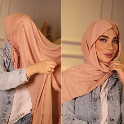 【YF】 Instant Hijab Muslim Women Heavy Chiffon Shawl With Elastic Jersey Inner Cap Headwrap 1.8X0.7M