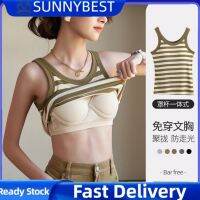 SUNNYBEST เสื้อกั๊กตัดสั้นเพิ่มฟองน้ำลายทาง,เสื้อกล้ามเสื้อผู้หญิงคอกลมเข้ารูปสำหรับฤดูร้อน