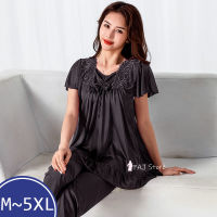 Nightshirt ชุดนอนผู้หญิง,ชุดนอน M-5XL แขนสั้นผ้าซาตินชุดห้องนอนลูกไม้วัยกลางคนสำหรับใส่ในฤดูร้อน