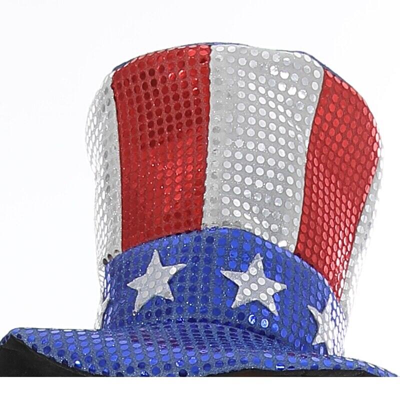 USA SEQUINED TOP HAT Sequins Uncle Sam Cap Clown Adult Stars Red White Blue 