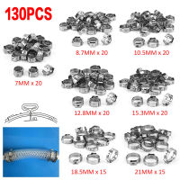 130pcs Single Ear Hose Clamps 7 Sizes Stainless Steel Water Hose Clamp Mixed Assorted Set for Sealing All Kinds of Hose