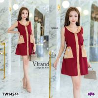 TW14244 เดรสคอบัวกระเป๋าหน้า  Lotus neck dress, front pocket