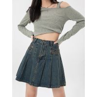 ☢✤◎ Women 39;s Vintage Blue Denim Half Body Skirt Zipper Pleated High Waist Casual Fashion Baggy A-Line Jean Short Skirt Ladies Summer