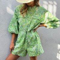 ；【‘；- 2023 Summer New Womens Fashion Temperament Printed Standing Collar Printed Jumpsuit Daily Commuting Highstreet One Piece Shorts