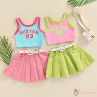 Ryn studio BABYGARDEN-1-6years Baby Girls Outfits, Letter Print Sleeveless Tank Tops + Solid Color Pleated Skirts + Waist Belt Summer Set