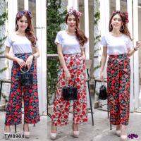 P8904  Set 2 ชิ้น เสื้อคอป + กางเกงขายาวลายกุหลาบ + สายผูกผมเข้าเซท  Set of 2 pieces: collar shirt + rose pattern pants + hair tie