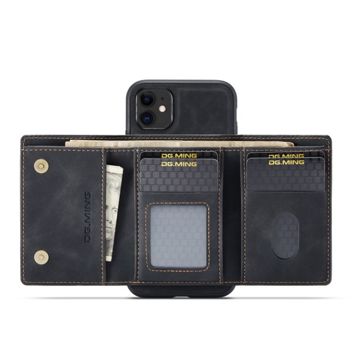 สำหรับ-iphone-11-dg-ming-m1ซีรีส์3ตอนกระเป๋าสตางค์หลายบัตร-ฟังก์ชันเคสมีขาตั้งฝาครอบด้านหลังกันกระแทกแม่เหล็ก
