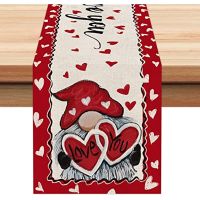 Valentines Day Gnomes Red Table Runner Wedding Party Decorations I Love You Linen Table Runner Farmhouse Gathering Dinner Party