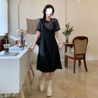 [Free ship] Fake two-piece dress womens summer 2023 new boudoir design feeling slim waist and contrasting short-sleeved A-line