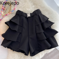 Korejepo Wide Leg Shorts Women 2021 Design Solid Simple Multi-layer Ruffle High Waist Versatile Loose Shorts Casual Fashion