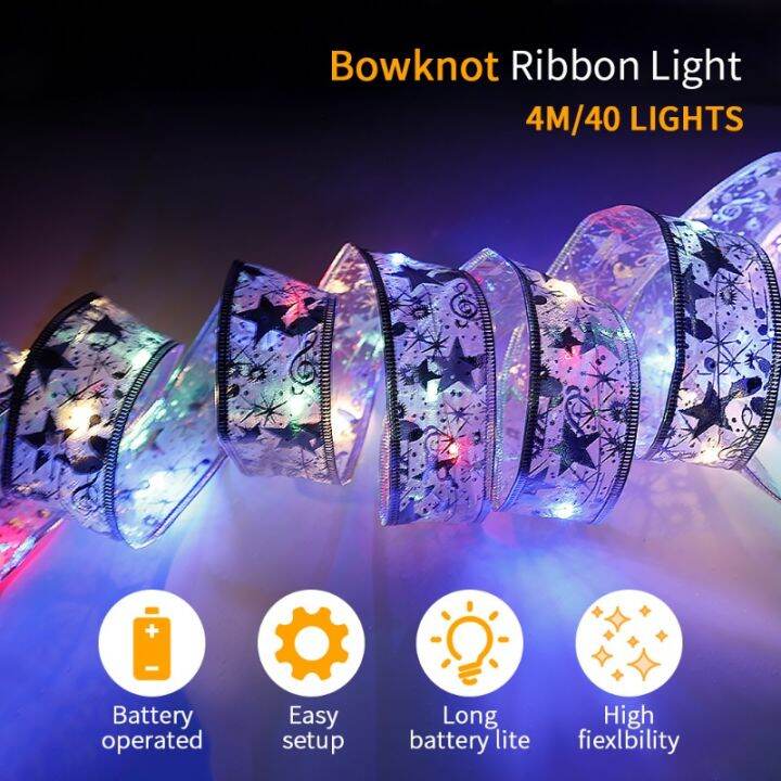 ริบบิ้นทองแดงประดับโบว์บนต้นคริสต์มาสแบบ40led-กันน้ำได้ไฟสายประดับของตกแต่งต้นคริสต์มาสแต่งงาน