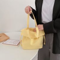 【STOCK】 Korean style ins milky yellow ruffle small bucket bag womens drawstring shoulder bag cute solid color bag