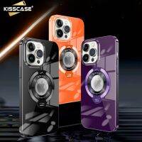 KISSCASE สำหรับ Iphone15ProMax เคสที่ยึด Magsafe เคสฝาหลัง TPU แบบนิ่มขาตั้งมัว15 Apple แว่นตาบางพิเศษมันวาวพร้อมกรอบป้องกันเลนส์ที่วางสีทึบตั้งกรอบโทรศัพท์มือถือฝาหลังสำหรับ IPhone15 14 13 12