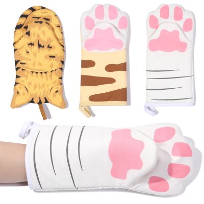 1PC 3D Cartoon Animal Cat Paws Oven Mitts Long Cotton Baking Insulation Gloves Microwave Heat Resistant Non-Slip Kitchen Gloves