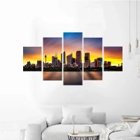 City Landscape 5 Pieces Canvas Painting - Beautiful Sunset And Tall Buildings Wall Painting-ภาพ HD สำหรับตกแต่งห้องนั่งเล่น