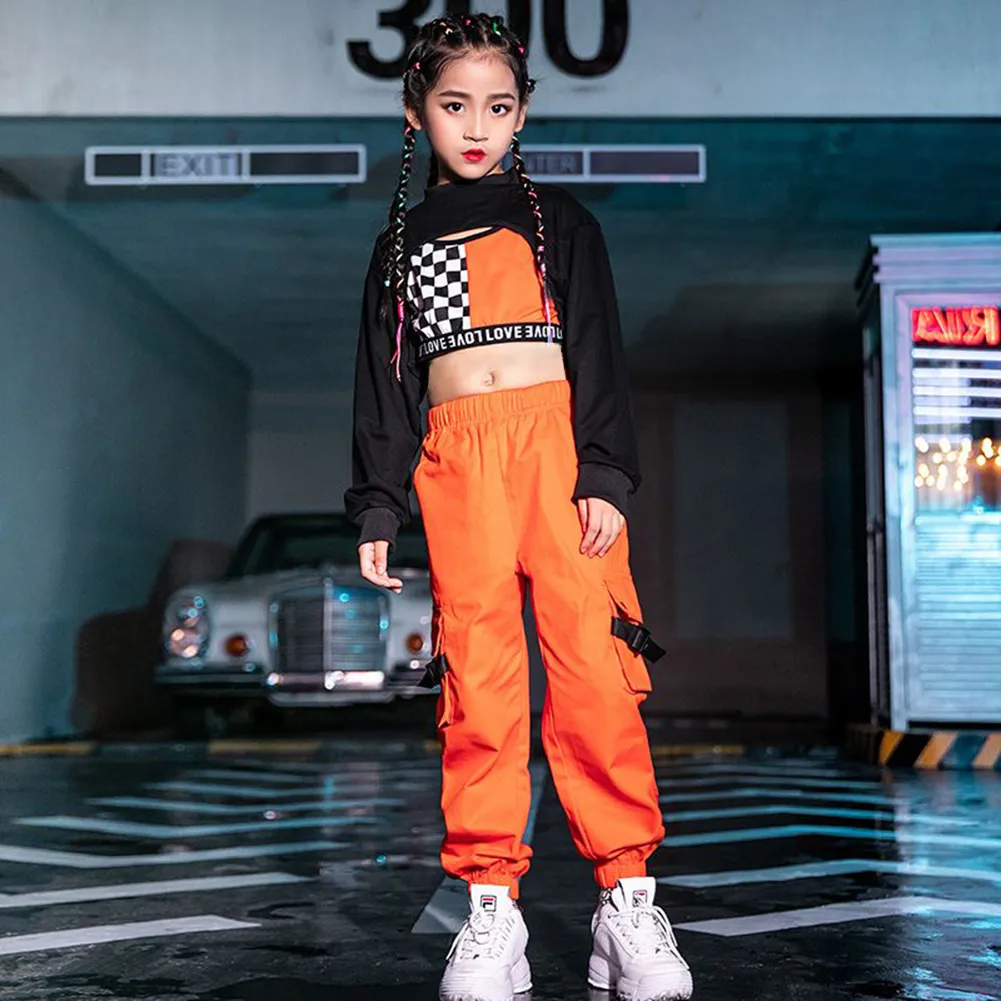 LOLANTA Girls Hip Hop Clothing Street Wear Korean Black Crop Top Orange  Jogger Pants Vest Outfit Children Performance Costumes | Lazada PH
