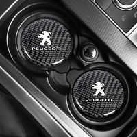 ถ้วยถาดรองแก้วน้ำรถคาร์บอนไฟเบอร์กันเสื่อกันลื่น2ชิ้นสำหรับ Peugeot 3008 206 308 207 406 407 307 408