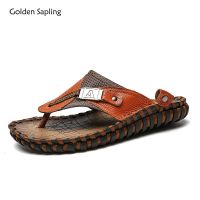 Golden Sapling Flip Flops Genuine Leather Mens Slippers Leisure Beach Shoes Fashion Summer Slides Men Casual Slipper Footwear