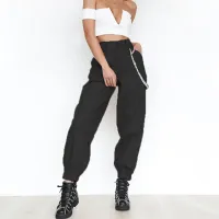 Ladies Personality Solid Color Sports Casual Pants Harem Pants Overalls Wide Leg Pants Belt Chain