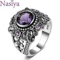 Vintage Jewelry 3Ct Amethyst Silver Color Ring Round Cut Purple Nature Stone Women Wedding Anel Aneis Gemstone Rings