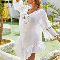 2021Riseado Knitted Beach Dress Women 2021 V-neck Swimwear Women Tassel Bikini Cover Up Long Sleeve Swimsuits White Bathing Suits