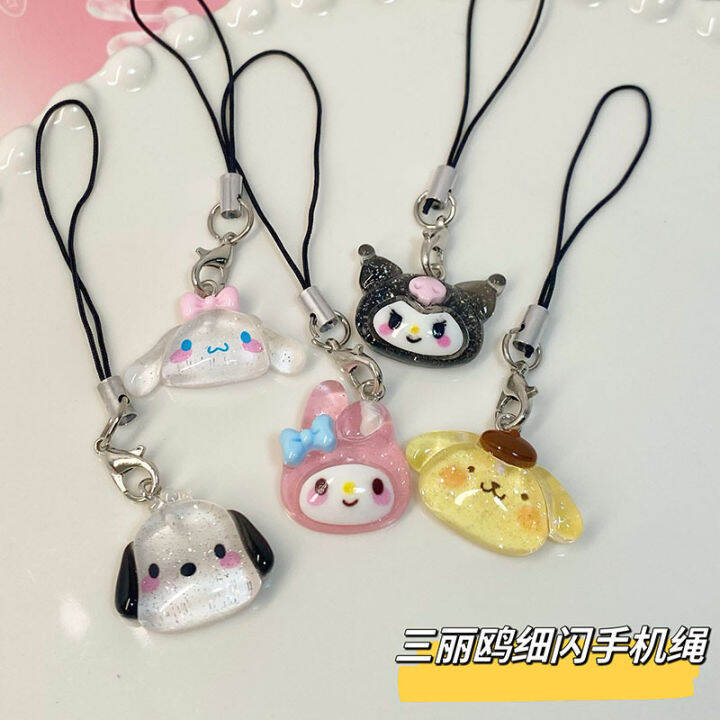 4ชิ้นใสแฟลช-sanrio-จี้ห้อยโทรศัพท์-kuromi-pacha-สุนัขสาวหัวใจยูดิสก์เครื่องประดับถุงเชือก