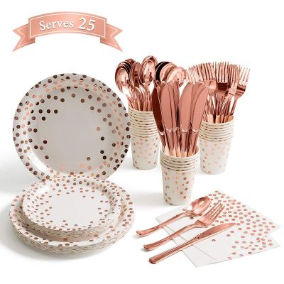 【High-end cups】 Rose Gold Party TablewareTableKnife ForkPaper Cup Plates Straws Baby Shower Wedding Birthday Party Decor