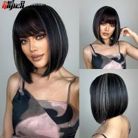 Black Blonde Highlight Short Straight Bob Synthetic Wig for Women with Black Bangs Daily Cosplay Wig Natural Hair Heat Resistant [ Hot sell ] Toy Center 2