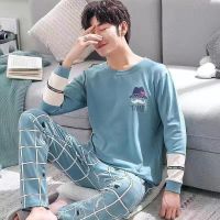 MUJI High-end mens pure cotton pajamas spring and autumn long-sleeved suit autumn pajamas winter large size middle-aged and young people can wear home clothes