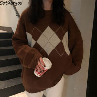 Vintage Argyle Pullovers Women Sweaters Preppy Warm Panelled Knitwear Female Chic Baggy Chic Long Sleeve Jumpers Couples Uni