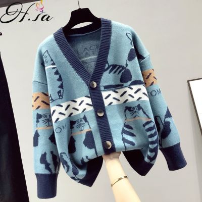 Hsa 2021 Autumn Korean Cartoon V-neck Knitted Cardigan Female Loose Slimming Poncho Long Sleeve Sweater Coat Cartoon Knit Jacket